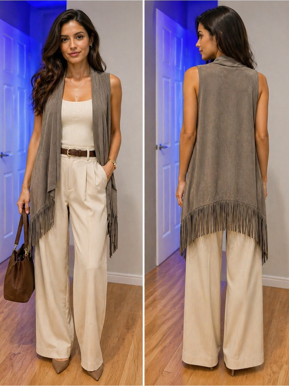 Pink Rose Fringe Vest Olive/Gray Faux Suede Waterfall Open Front Women’s S.